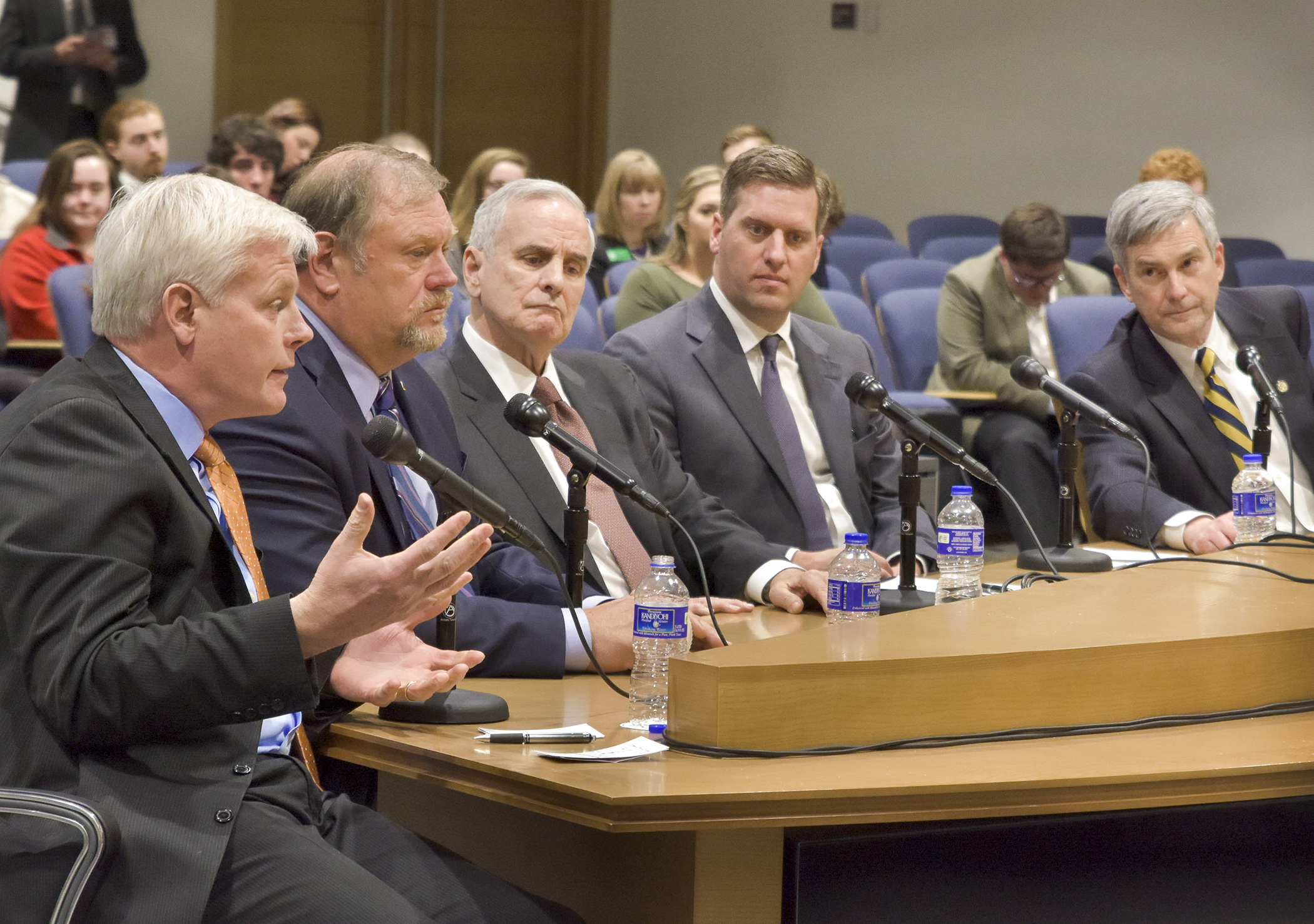 House Minority Leader Paul Thissen, from left, Senate Majority Leader Tom Bakk, Gov. Mark Dayton, House Speaker Kurt Daudt and Senate Minority Leader David Hann answer questions from the press at a 2016 legislative preview Feb. 25. Photo by Andrew VonBank